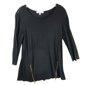 Ellen Tracy Long Sleeve Top Women Small Black Gold Zipper Accent Round Neck